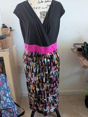 Igigi Black Midi Dress with Pink Waistband and Multicolor Abstract Skirt
